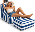 Gemscream Outdoor Inflatable Bean Bag Chair and Ottoman, Portable Inflatable Bean Bag and Ottoman with Handle for Patio Garden Home Boho Decorative Living Room(Blue and White Stripes)