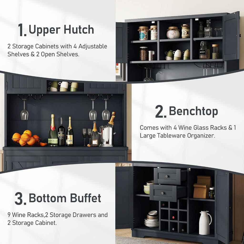 Coffee Bar Cabinet with Storage, 9-Grid Wine Rack & Drawers, Farmhouse Kitchen Buffet with Glass Hooks for Dining Room, Living Room, Kitchen (Blue, 73")