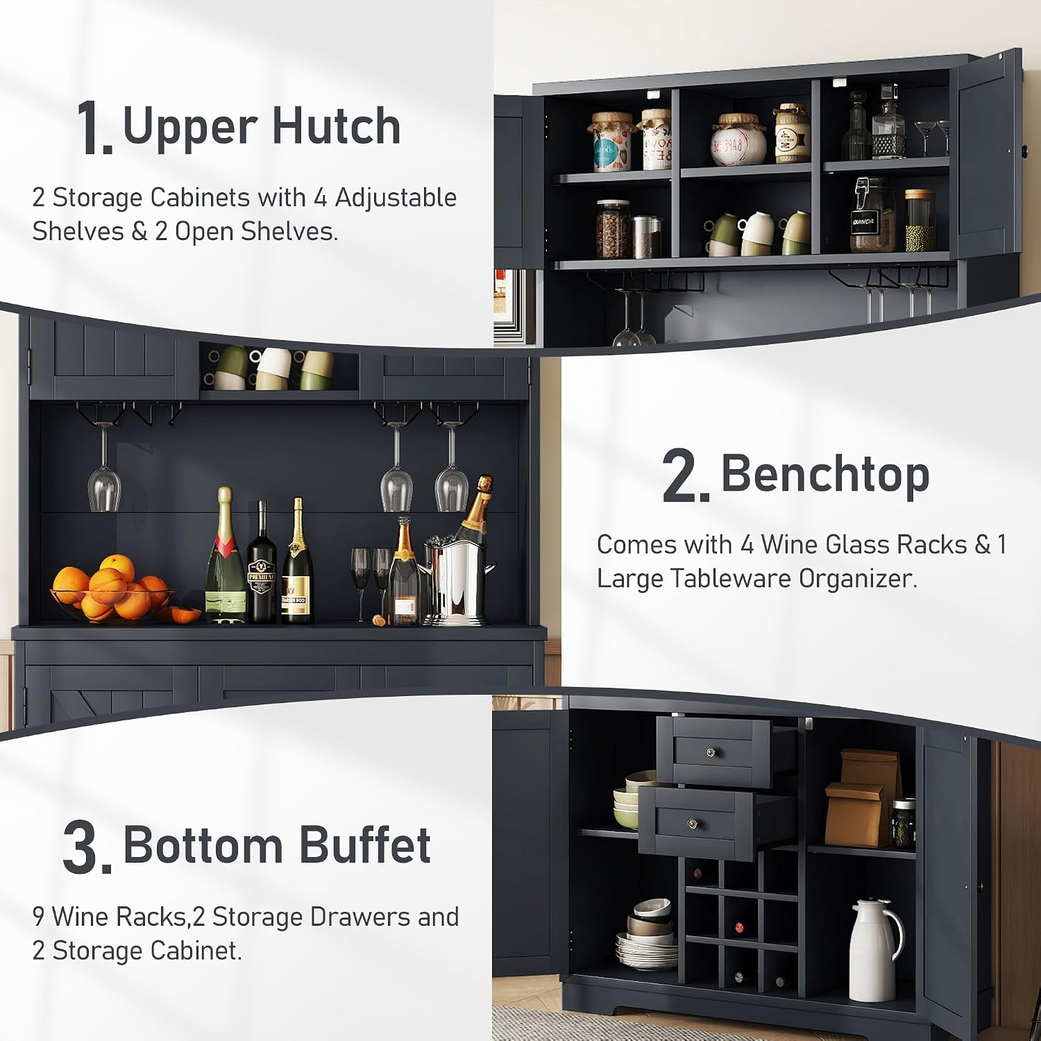 Coffee Bar Cabinet with Storage, 9-Grid Wine Rack & Drawers, Farmhouse Kitchen Buffet with Glass Hooks for Dining Room, Living Room, Kitchen (Blue, 73")