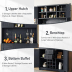 Farmhouse Kitchen Buffet Cabinet with Storage, Dark Blue Food Pantry Organizer with Wine Racks, Glass Shelves & Drawers for Dining Room