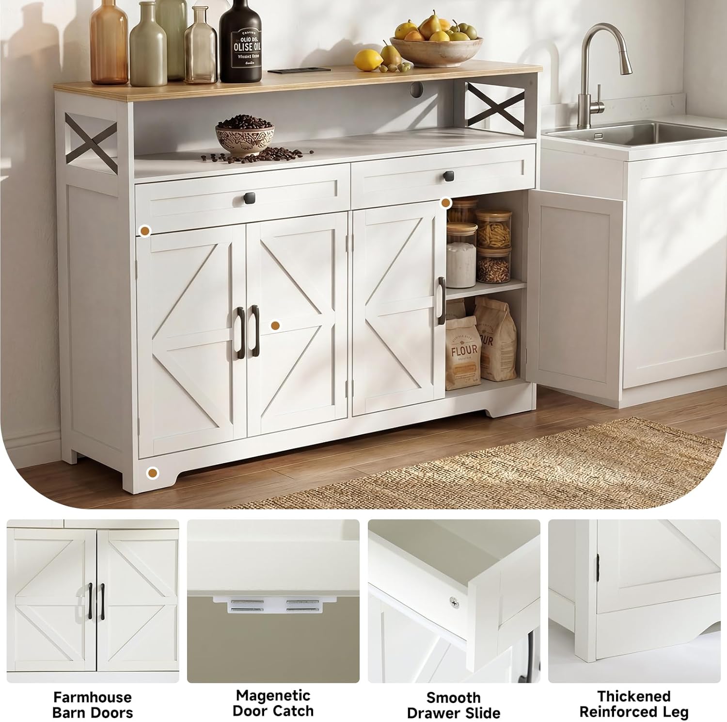 Lahomie Sideboard Buffet Cabinet with Storage, 47" Kitchen Buffet Cabinet with Charging Station, Farmhouse Coffee Bar Station with Drawers and Doors, Credenza for Kitchen Living Room Entryway, White