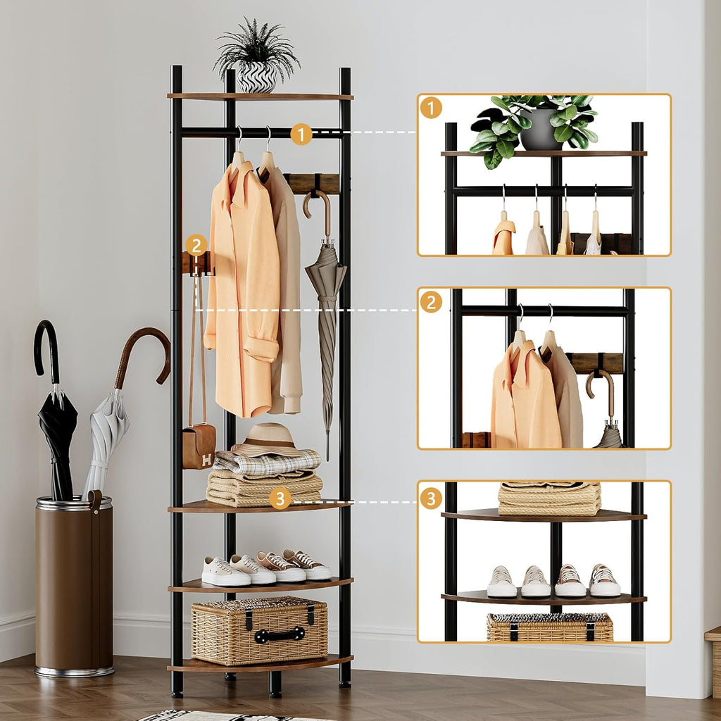 Corner Hall Tree with Shoe Rack and 6 Movable Metal Hooks, Floor Standing Entryway Coat Rack Organizer for Home, Office, or Bedroom – Rustic Brown