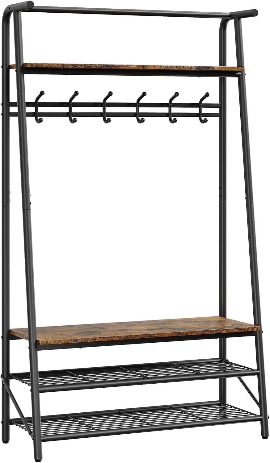 Amyove Coat Rack Shoe Bench with 10 Hooks, Hall Trees Entryway Bench with Storage, Multifunctional Hallway Organizer, Wood Look Accent Furniture with Metal Frame