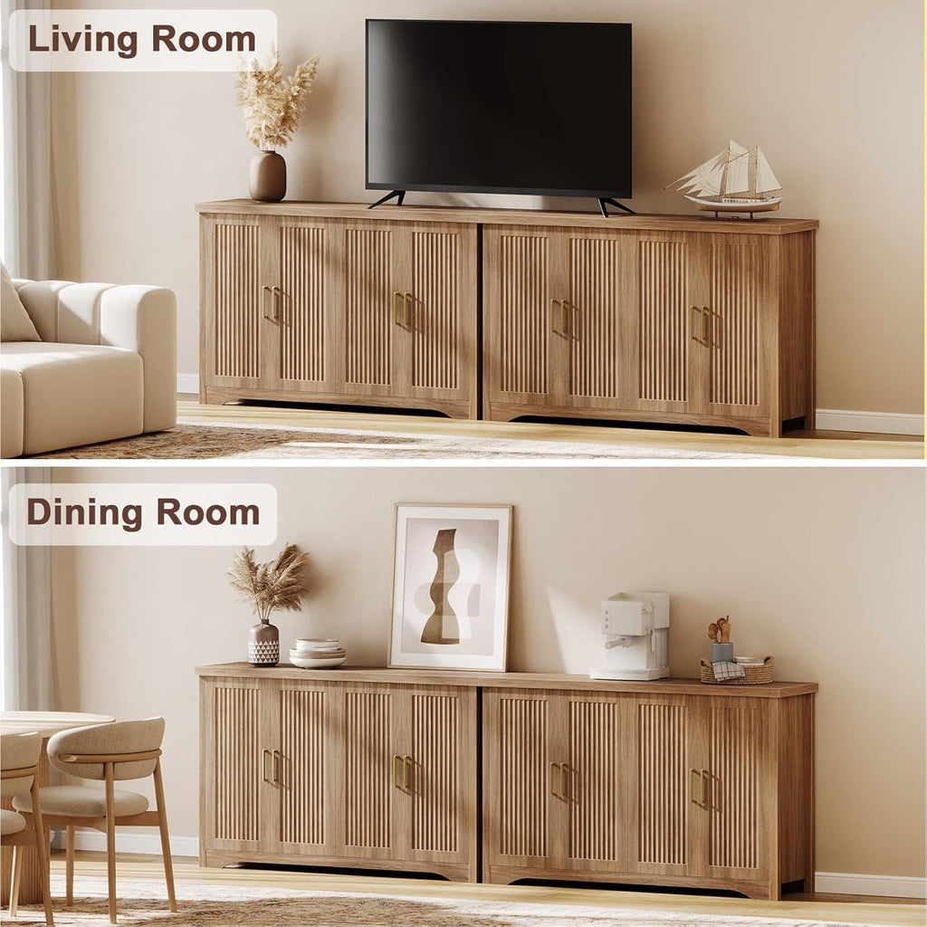 Memobarco Fluted Buffet Cabinet with Storage（55.59" W Accent Sideboard Cabinet Modern Credenza with Doors & Adjustable Shelves Modular Coffee Bar Media Console for Dining Room Entryway,Natural Oak