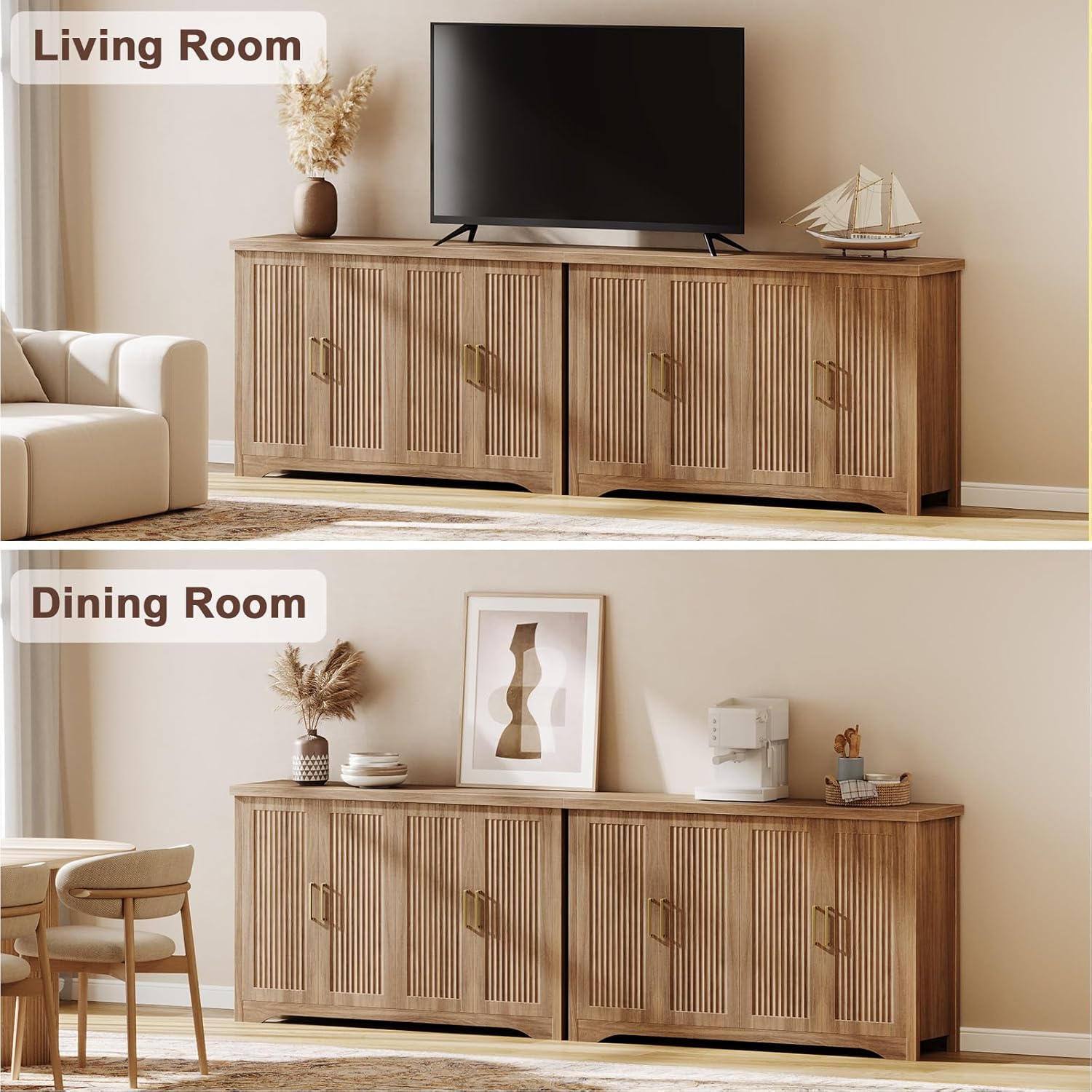 Memobarco Fluted Buffet Cabinet with Storage（55.59" W Accent Sideboard Cabinet Modern Credenza with Doors & Adjustable Shelves Modular Coffee Bar Media Console for Dining Room Entryway,Natural Oak