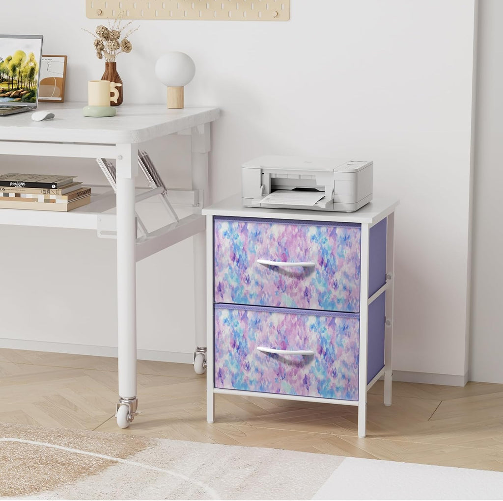 Stero Nightstand, Kids Dresser with 2 Drawers, Steel Frame Bedside Furniture, Wood Top Fabric Night Stand, Colorful End Table for Home, Bedroom, Office Tie-dye Purple