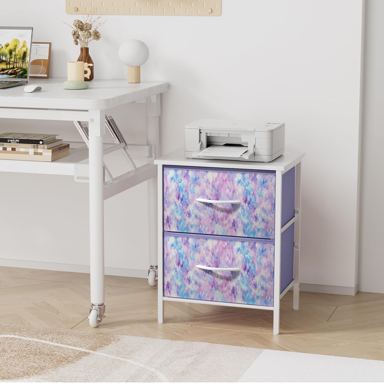 Stero Nightstand, Kids Dresser with 2 Drawers, Steel Frame Bedside Furniture, Wood Top Fabric Night Stand, Colorful End Table for Home, Bedroom, Office Tie-dye Purple