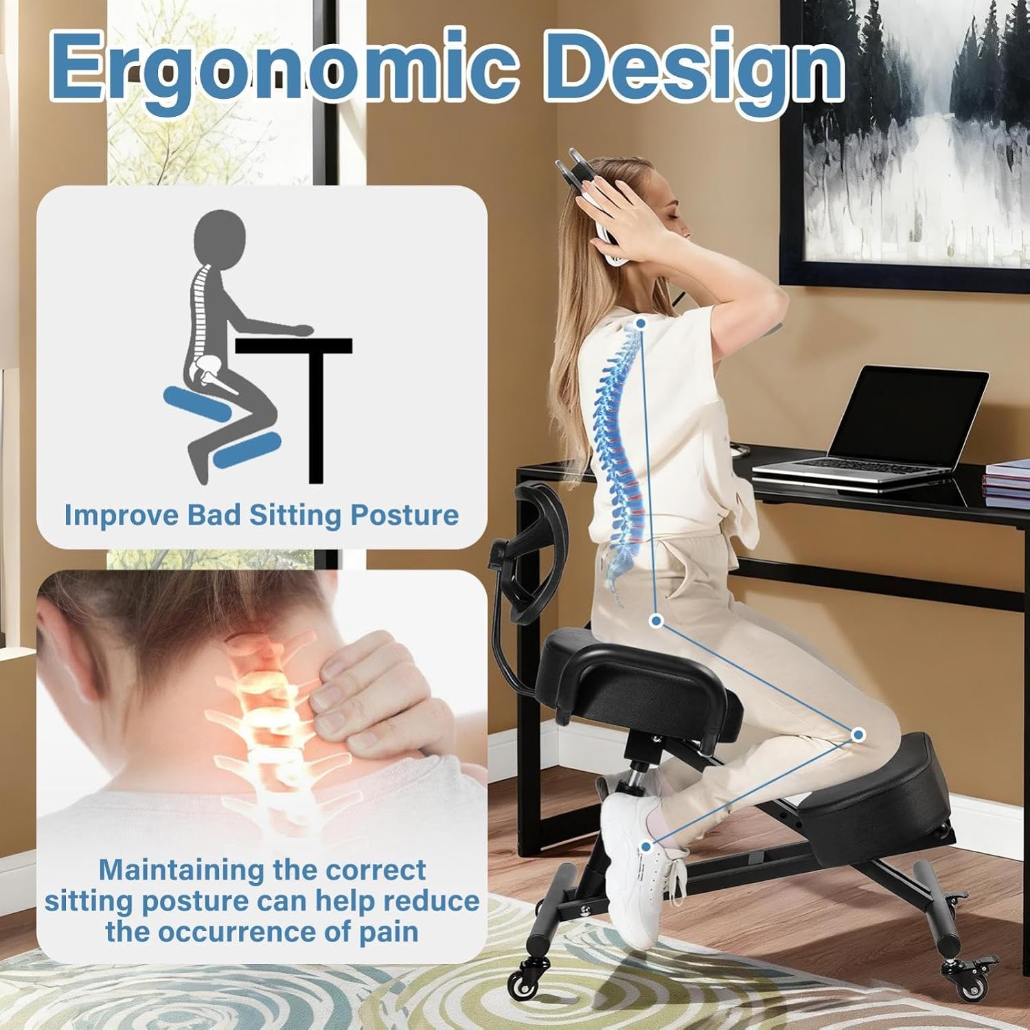 Ergonomic Kneeling Chair Height-Adjustable with Lockable Wheels & Armrests 220 Lbs Capacity Postures Chair with Back Support for Desk Home Meditation Black with Backrest