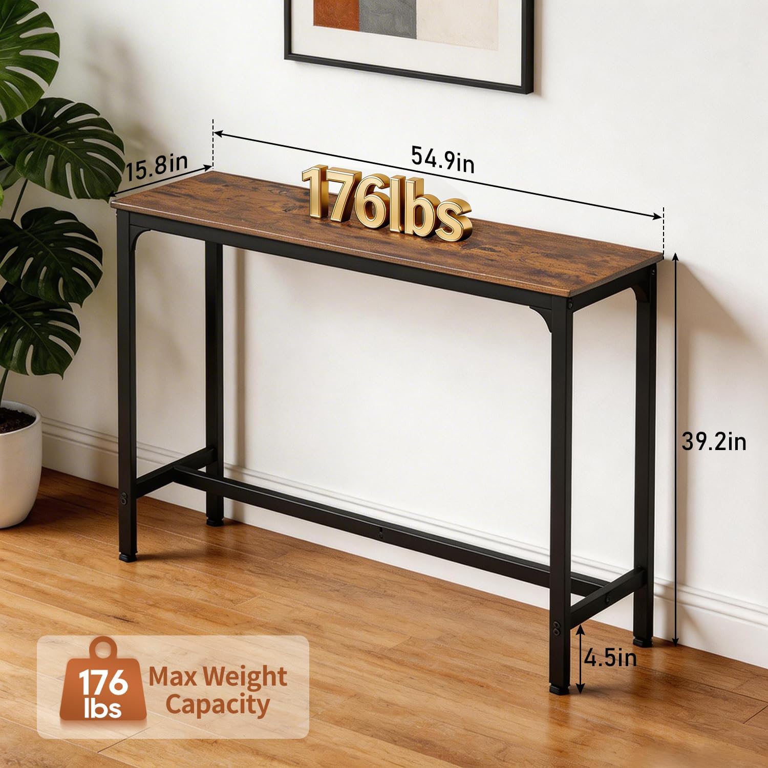 PayLessHere 55 Inch Bar Table, Counter Height Rectangular Pub Table with Wood Top & Metal Frame, Industrial High Top Table for Kitchen Dining Entryway, Brown