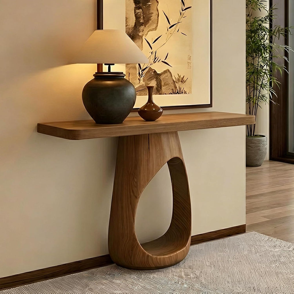 31.5" Compact Console Table with Sculptural Pedestal, 9.8" Narrow Solid Wood Entryway Table for Small Spaces, Modern Minimalist Accent Piece for Hallway, Foyer, Corner & Behind Sofa, Walnut