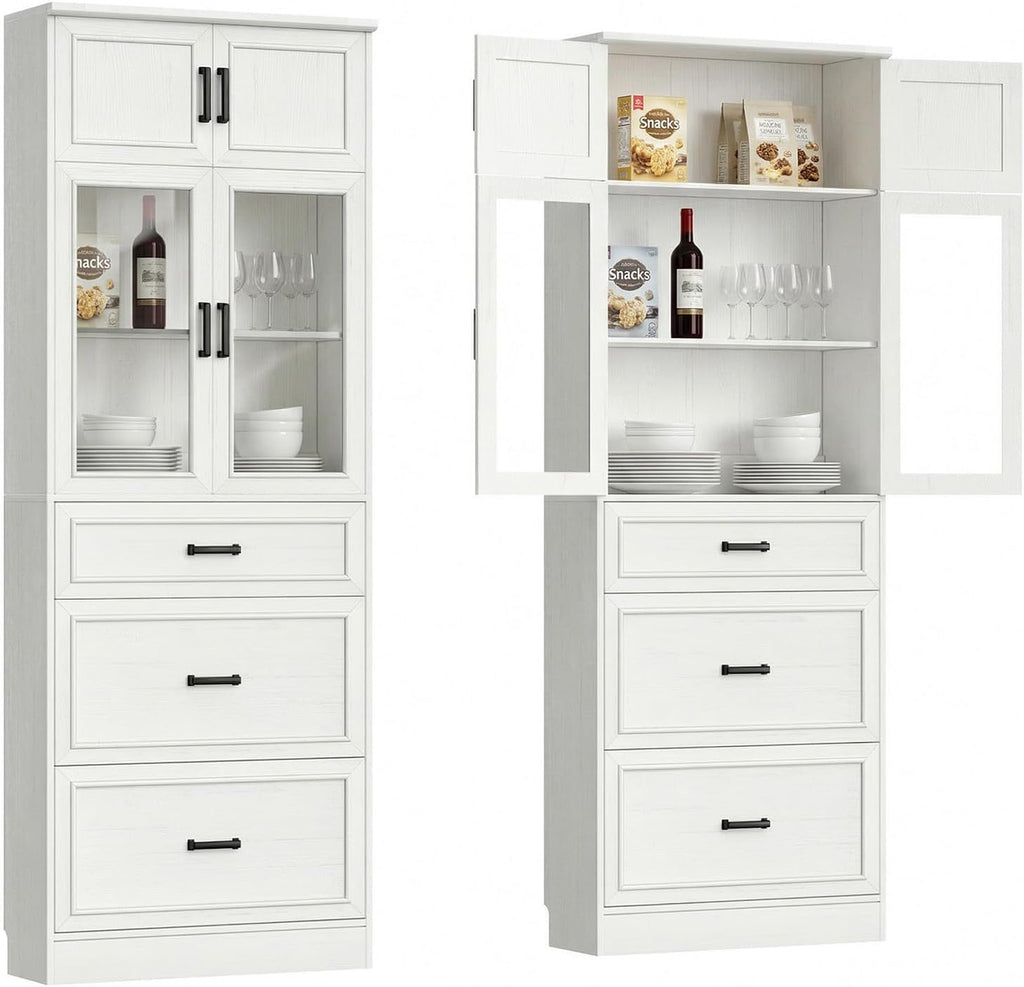 Unikito 80" Tall Kitchen Pantry Storage Cabinet with Glass Doors, Adjustable Shelves & 3 Drawers, Versatile Tall Storage Cupboard for Kitchen, Dining Room, Living Room, Bathroom White