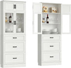 Unikito 80" Tall Kitchen Pantry Storage Cabinet with Glass Doors, Adjustable Shelves & 3 Drawers, Versatile Tall Storage Cupboard for Kitchen, Dining Room, Living Room, Bathroom White