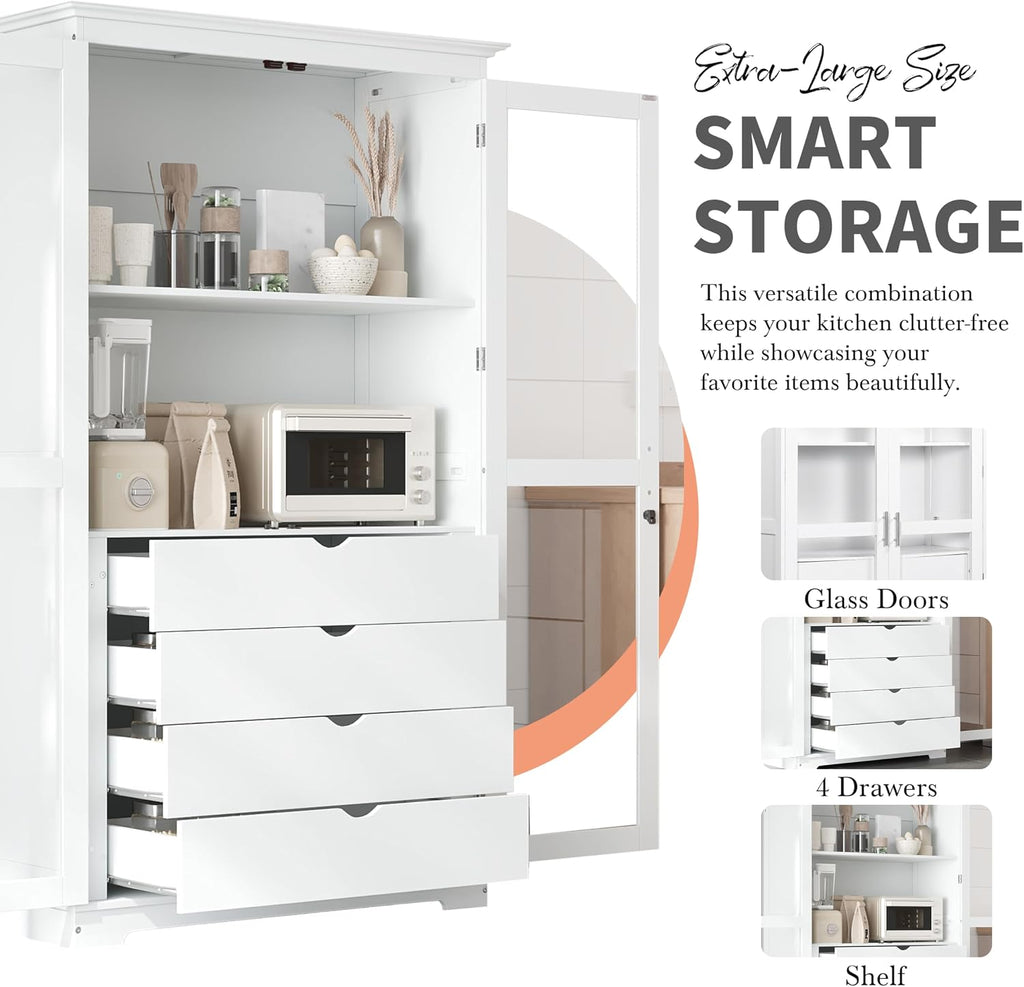 Merax 75" Tall Pantry Cabinet, Kitchen Pantry Storage Cabinets with Glass Door, 2 Shelves and 4 Built-in Drawers, Freestanding Cupboard for Kitchen, Dining Room, Living Room and Bathroom, White