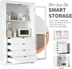 Merax 75" Tall Pantry Cabinet, Kitchen Pantry Storage Cabinets with Glass Door, 2 Shelves and 4 Built-in Drawers, Freestanding Cupboard for Kitchen, Dining Room, Living Room and Bathroom, White