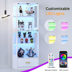 Lamtor Glass Display Cabinet with Doors - Curio Cabinet with Dynamic LED Lights for Collectibles, 67" Display Case with 4 Tier and Drawer for Figure, Toys, Books, White(Narrow)