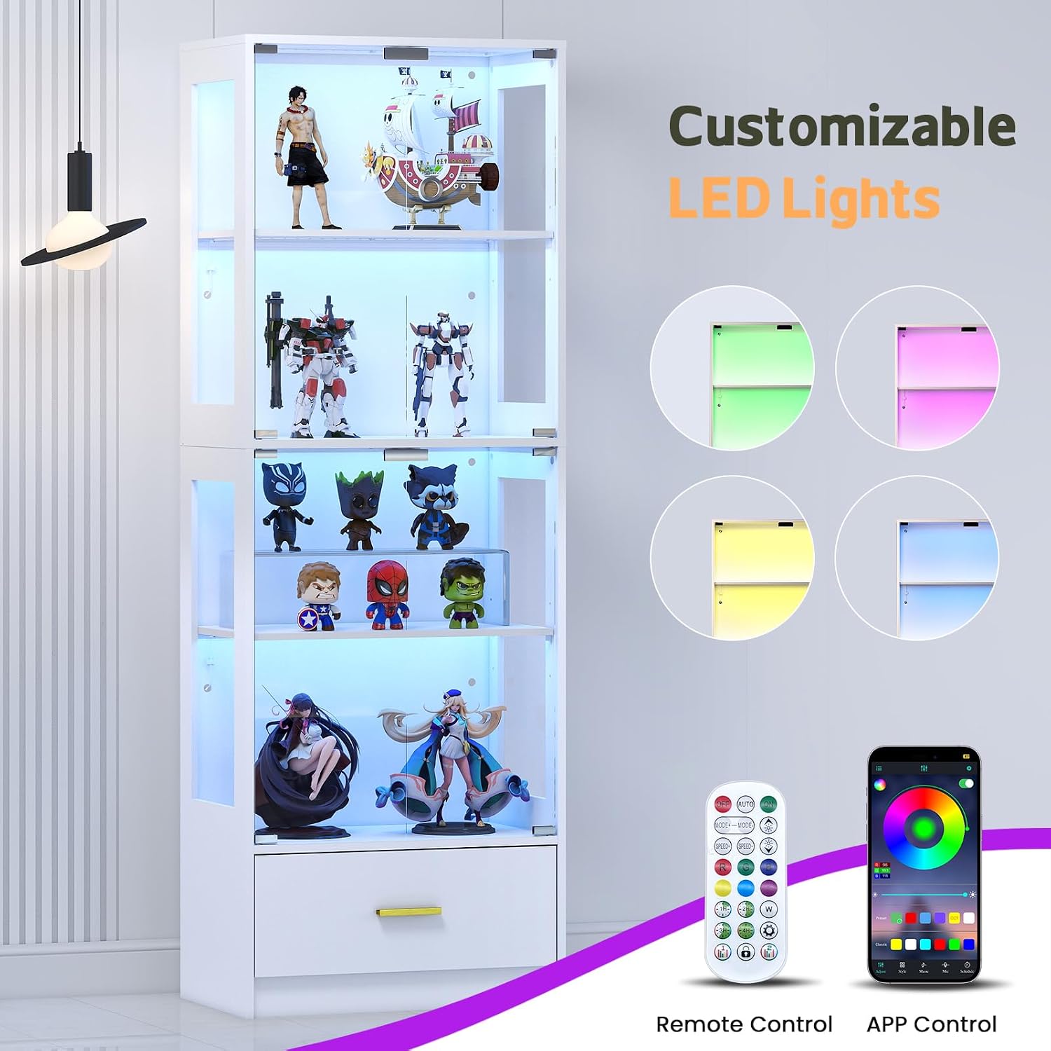 Lamtor Glass Display Cabinet with Doors - Curio Cabinet with Dynamic LED Lights for Collectibles, 67" Display Case with 4 Tier and Drawer for Figure, Toys, Books, White(Narrow)