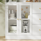 VOWNER Large Kitchen Hutch Cabinet, Kitchen Pantry Storage Cabinet with 6 Glass Doors, 3 Drawers & Microwave Shelf, Freestanding Cupboard for Open Storage (White)