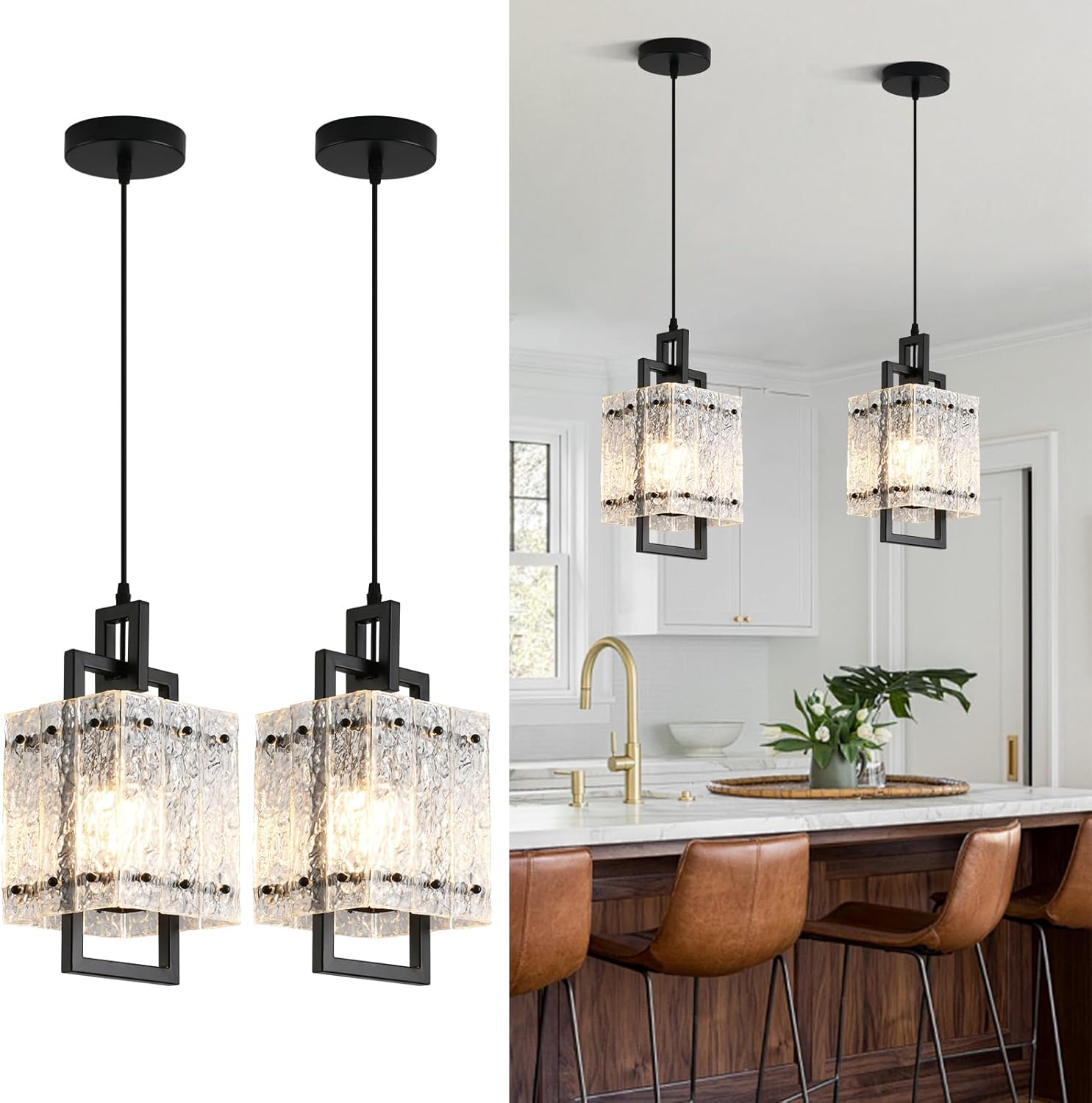 Modern Pendant Lights Kitchen Island 2 Pack Matte Black Pendant Lights Water Ripple Glass Square Pendant Lighting Over Island Hanging Pendant Light Fixtures for Kitchen Dining Room Hallway Foyer