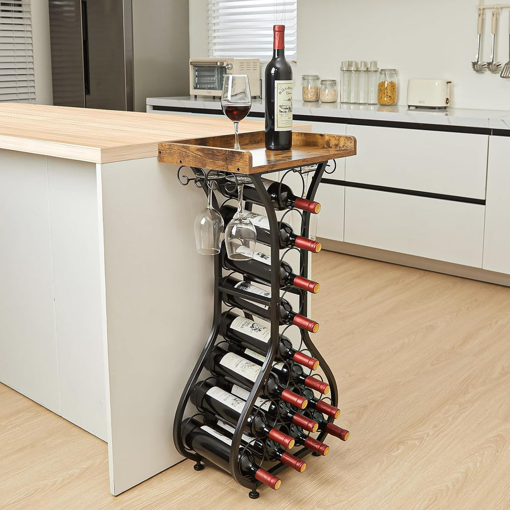 X-cosrack Wine Rack Freestanding Floor, Mini Bar Table Wine Holder Stand Liquor Cabinet with Glass Holder Wood Tabletop 14 Bottles Floor Wine Storage for Home Bar Kitchen Living Room