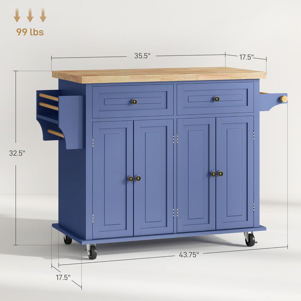 HOMCOM Kitchen Island Cart with Solid Wood Top, 44" Mobile Kitchen Island Table on Wheels with Storage Cabinets, 2 Drawers, Adjustable Shelves, Spice Rack & Towel Bar for Dining Room, Navy Blue