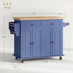 HOMCOM Kitchen Island Cart with Solid Wood Top, 44" Mobile Kitchen Island Table on Wheels with Storage Cabinets, 2 Drawers, Adjustable Shelves, Spice Rack & Towel Bar for Dining Room, Navy Blue