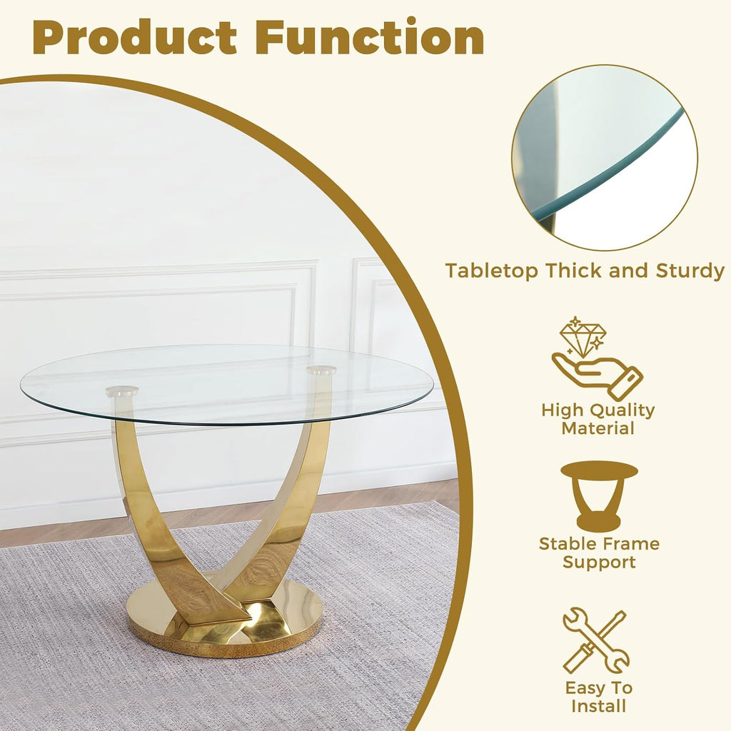 47.2 Inch Round Glass Dining Table Set for 4, Modern Round Dining Room Set with Gold Steel Base & 4 Upholstered Velvet Chairs, Space-Saving Circle Kitchen Table Set for Small Space, Beige