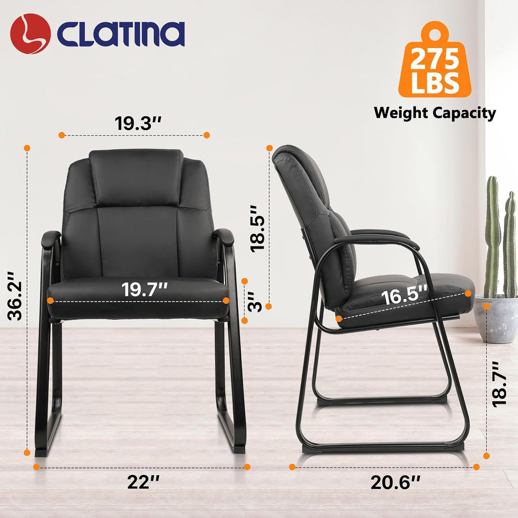 CLATINA Classic Leather Soft Reception Chair with Padded Armrests and Sled Base, Executive Guest Chair for Office Computer Desk Conference Waiting Meeting Room, Black (8 Pack)