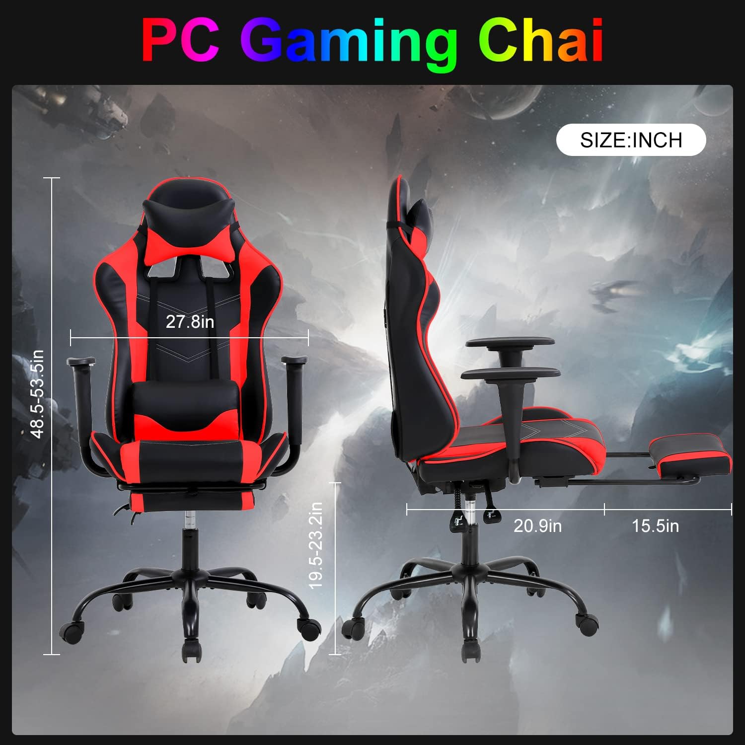 Gaming Chair Computer Chair Ergonomic Gaming Chair with Footrest Reclining High Back Video Game Chair with Lumbar Support Headrest Armrest Swivel Seat for Women, Men (Red)