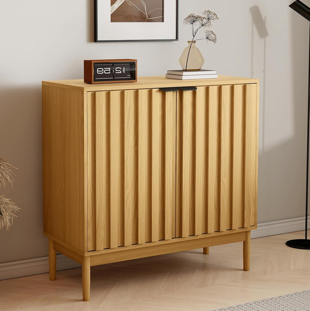 Otterease Fluted Buffet Cabinet with Storage, Wooden Sideboard with Doors & Adjustable Shelves, Modern Accent Cabinet for Kitchen, Living Room, Entryway, Hallway, Natural