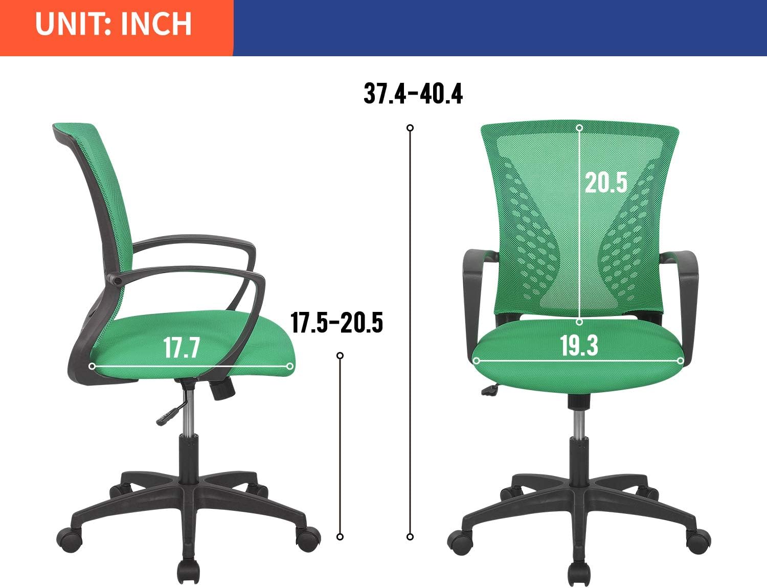 Home Office Chair Computer Ergonomic Chair Mesh Mid Back with Wheels Lumbar Support Armrest and Adjustable Executive for Men&Women (Green)