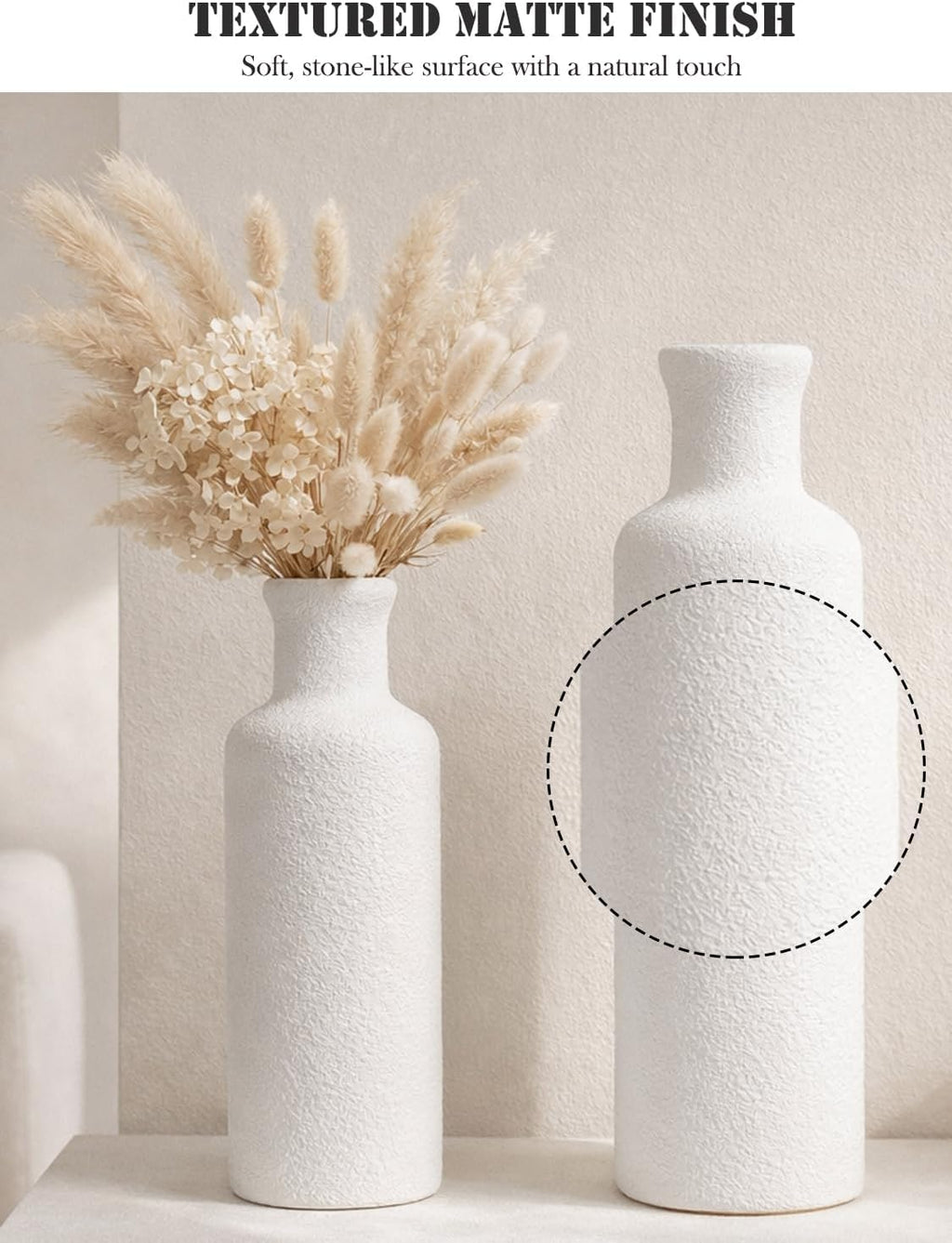 Ceramic Vase Set of 3 – Modern Minimalist White Vases with Matte Finish, Coordinated Tall Medium Short Decorative Vases for Home Decor
