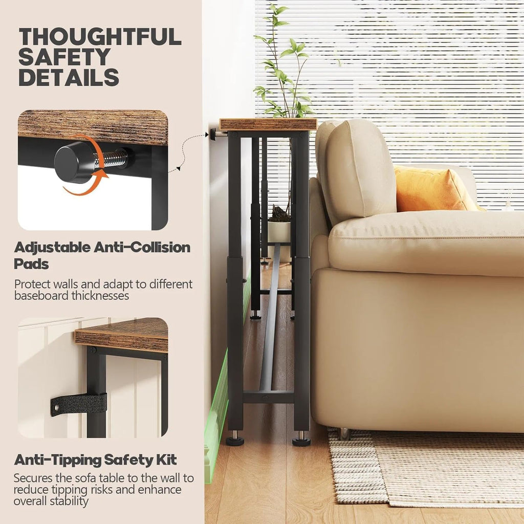 78.7’’ Narrow Console Table with 26"–34" Height Adjustable, Behind Couch Table Skinny with 2 Power Outlets and USB Ports, Long Sofa Tables for Living Room and Small Spaces, Rustic Brown