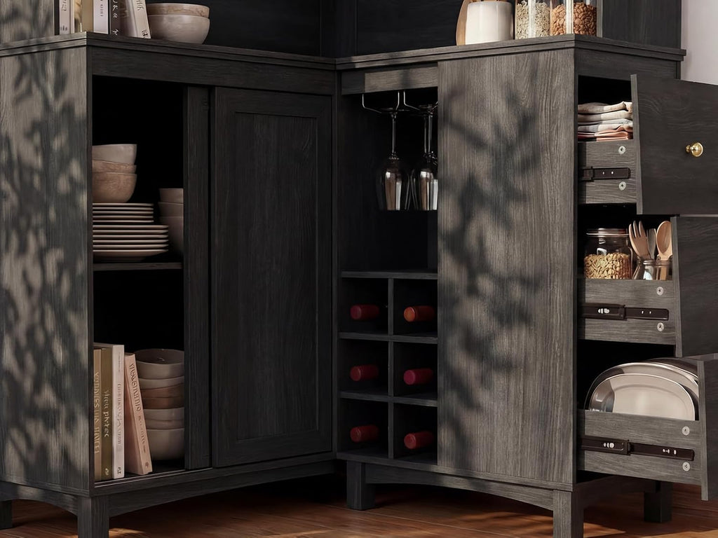 STO’Sense 71" Tall Corner Cabinet w/Charging Station,L-Shaped Kitchen Pantry Storage Cabinet w/3 Drawers,Countertop,Wine Rack,Shelves,Glass Holder&Sliding Door, Large Microwave Stand Hutch, Black Oak