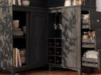 STO’Sense 71" Tall Corner Cabinet w/Charging Station,L-Shaped Kitchen Pantry Storage Cabinet w/3 Drawers,Countertop,Wine Rack,Shelves,Glass Holder&Sliding Door, Large Microwave Stand Hutch, Black Oak