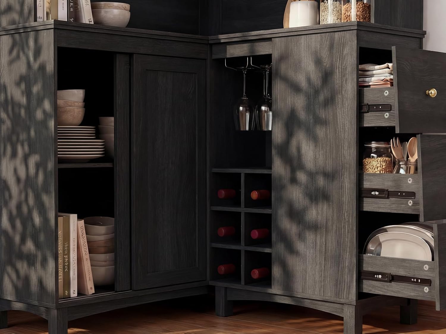 STO’Sense 71" Tall Corner Cabinet w/Charging Station,L-Shaped Kitchen Pantry Storage Cabinet w/3 Drawers,Countertop,Wine Rack,Shelves,Glass Holder&Sliding Door, Large Microwave Stand Hutch, Black Oak