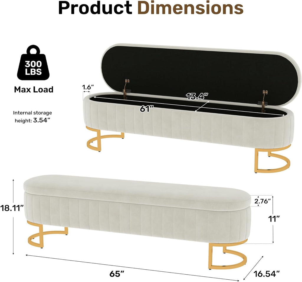 65 Inch Storage Ottoman Bench Velvet End of Bed Storage Bench King Size Upholstered Tufted Bench Large Space for Bedroom Living Room Entryway Beige