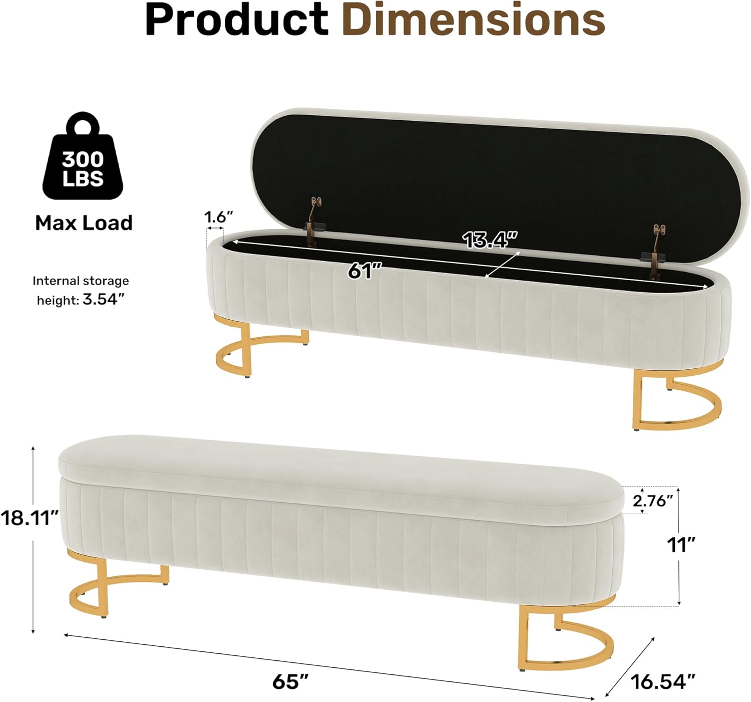 65 Inch Storage Ottoman Bench Velvet End of Bed Storage Bench King Size Upholstered Tufted Bench Large Space for Bedroom Living Room Entryway Beige