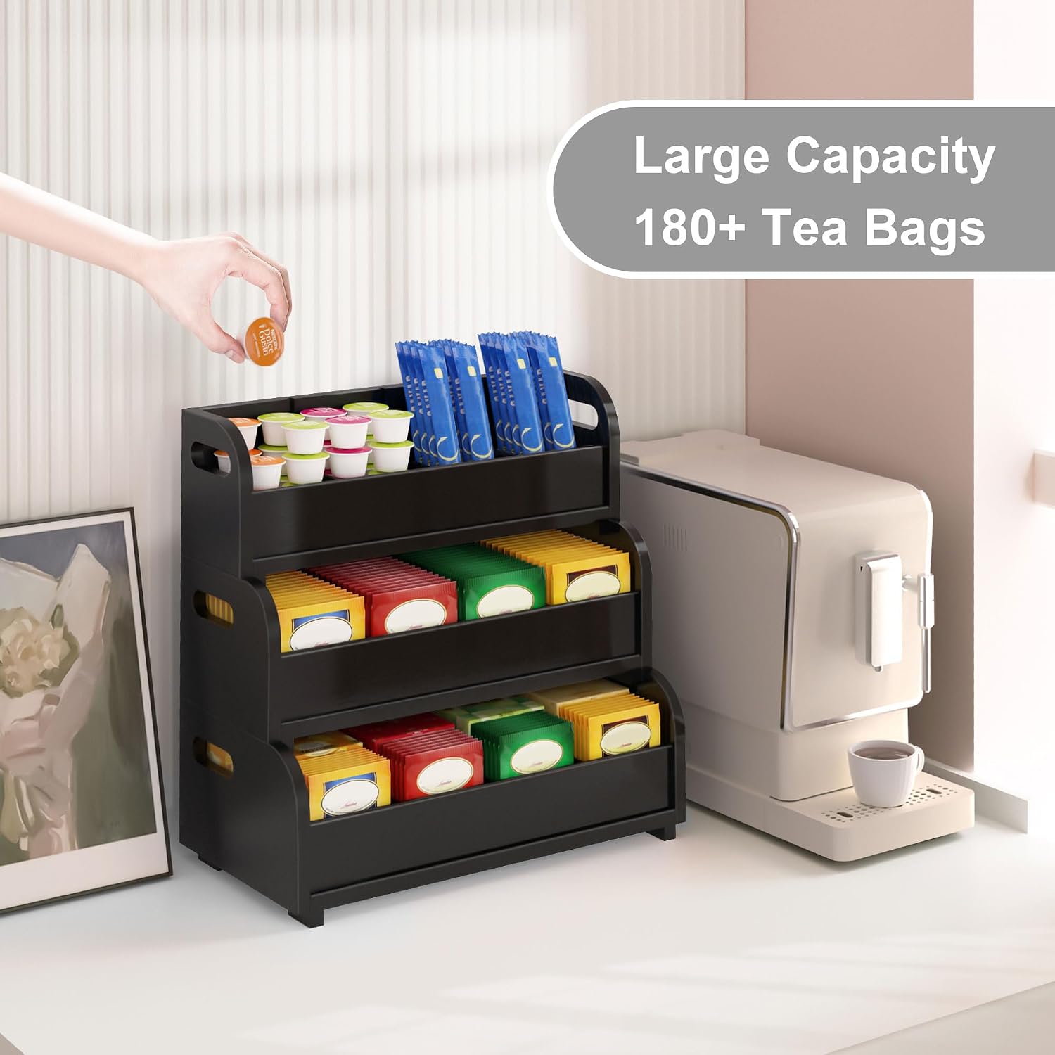 3-Tier Bamboo Tea Bag Organizer, Stackable Tea Holder for Countertop, Black | Tea Box Shelf with Removable Dividers, Wall Mount Large Capacity Tea Organizers and Storage for Pantry Kitchen Office Bar