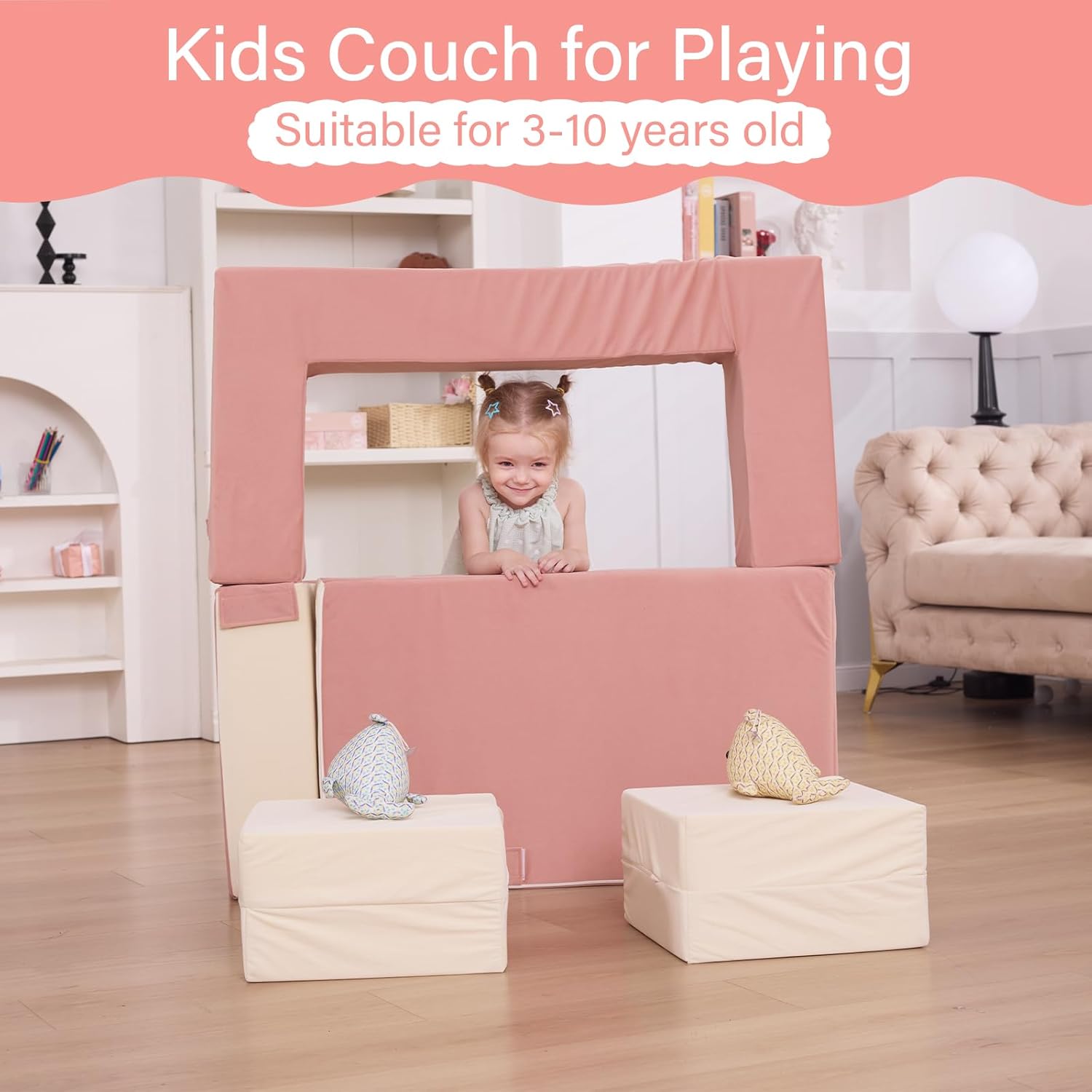 Kids Couch, Modular Toddler Couch for Playroom, Kids Sofa with Ottomans, Foam Play Blocks with Stair and Ramp, Convertible Plush Sofa, Removable Cover