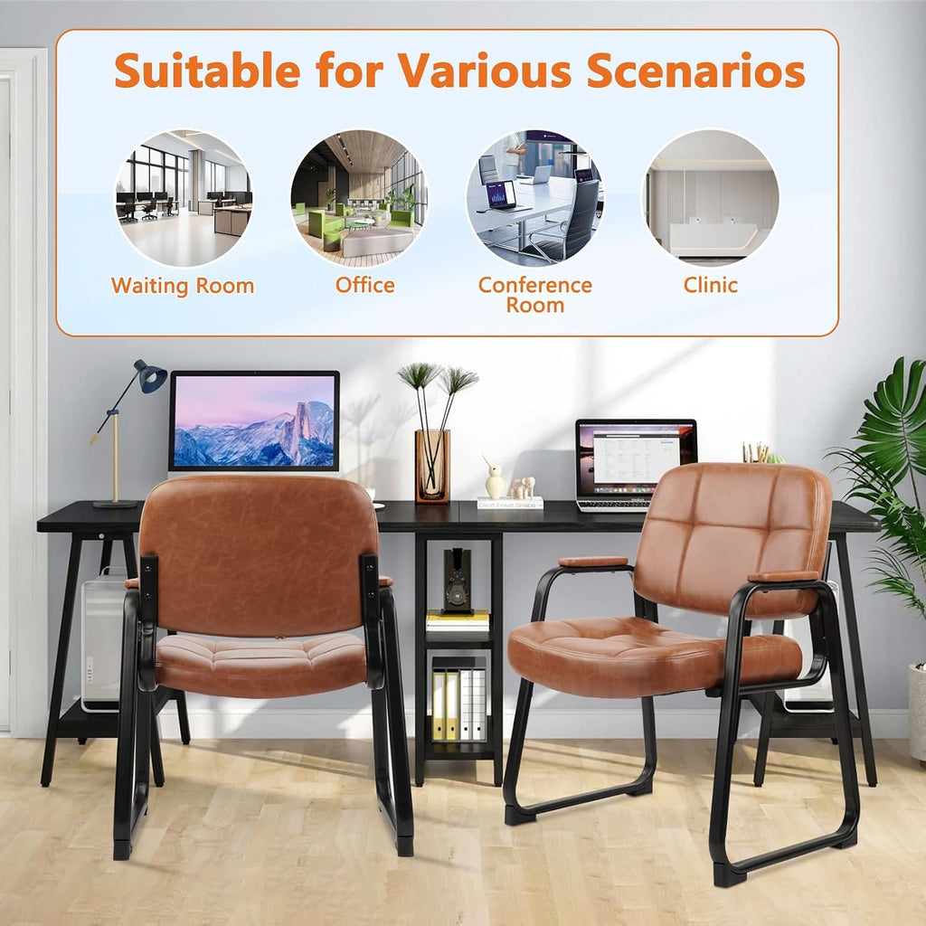 CLATINA Big & Tall 500 lb Waiting Room Chairs with Padded Armrests and Sled Base, Leather Stationary No Wheels Office Reception Guest Chair for Lobby Home and Meeting Conference, Brown (2 Pack)