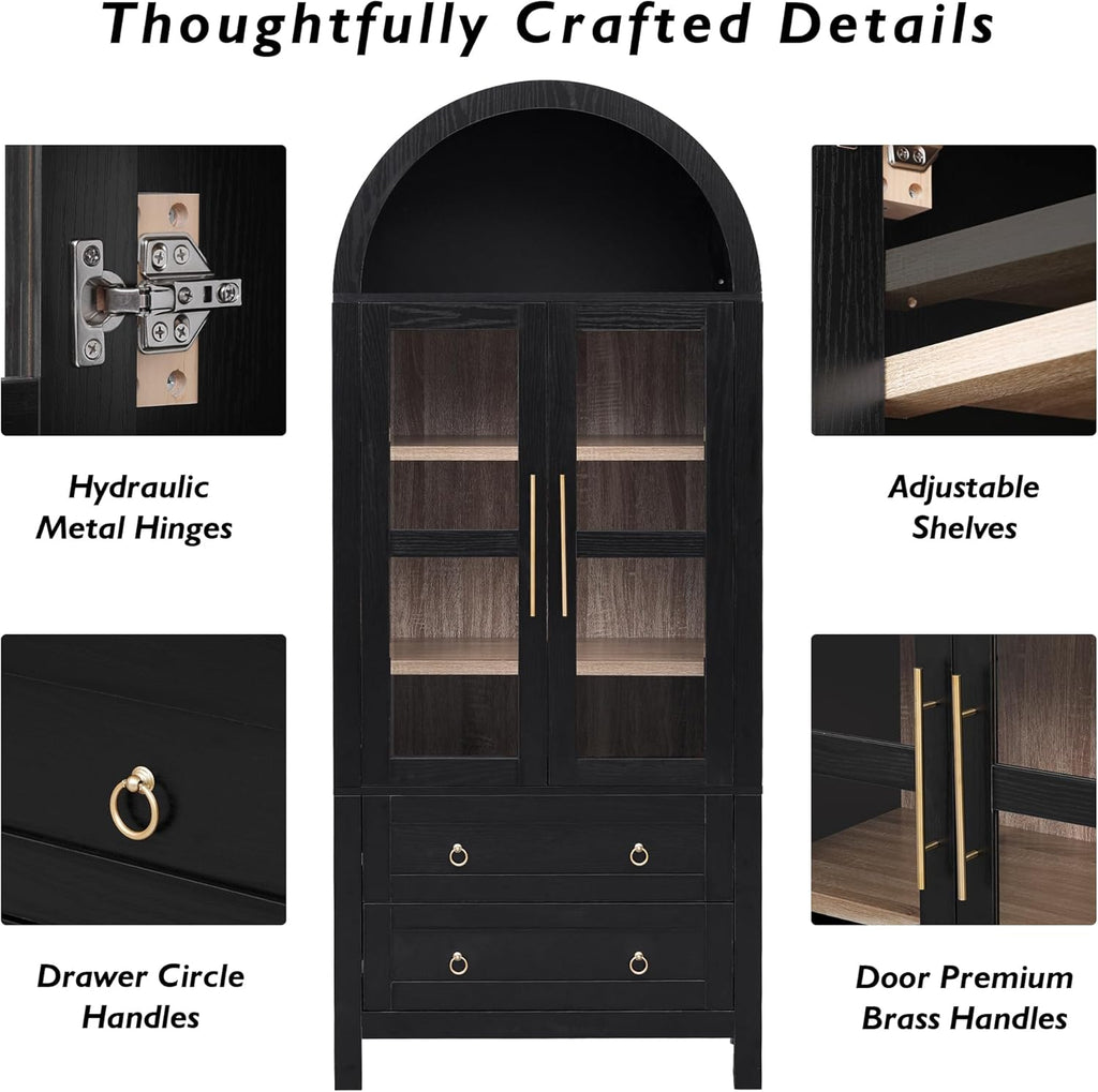 71" Tall Arched Kitchen Pantry Cabinet, Modern Farmhouse Kitchen Storage Cabinet with Adjustable Shelves, 2 Drawers for Kitchens, Dining Room, Black