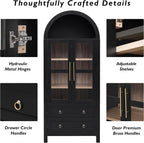 71" Tall Arched Kitchen Pantry Cabinet with 2 Drawers & Glass Doors, Modern Farmhouse Freestanding Storage Cabinet with Adjustable Shelves for Kitchen, Dining Room, Home Organizer(Black)