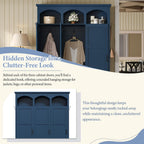 Merax Classic Arched Hall Tree with 3 Hidden Storage, Farmhouse Mudroom Bench with 5 Hooks, Mid-Century Entryway Organizer for Shoes, Blue