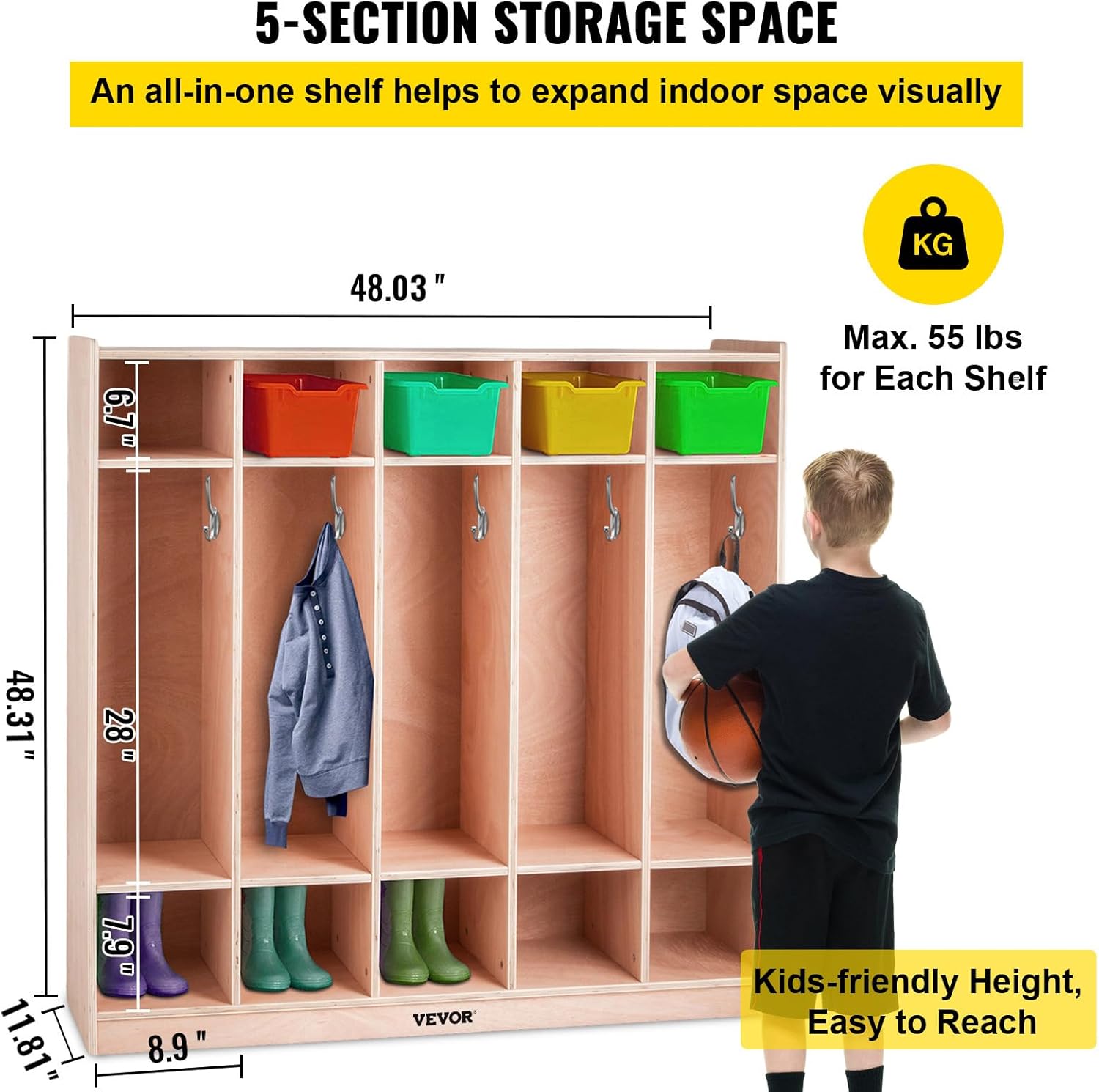 VEVOR 5-Section Classroom Coat Locker, 10 Cubbies for Daycare, Classroom Cubbies with 4 Casters & 5 Hooks, Daycare Furniture for Home, School, Nursery, Kindergarten