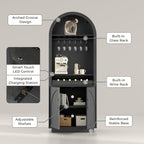 79" Arched Display Cabinet with LED Lighting & Built-In Outlets, 2-Piece Coffee Bar Station with Wine Drawer, Stemware Rack and Adjustable Shelves for Kitchen, Dining Area, Lounge, Black Grey