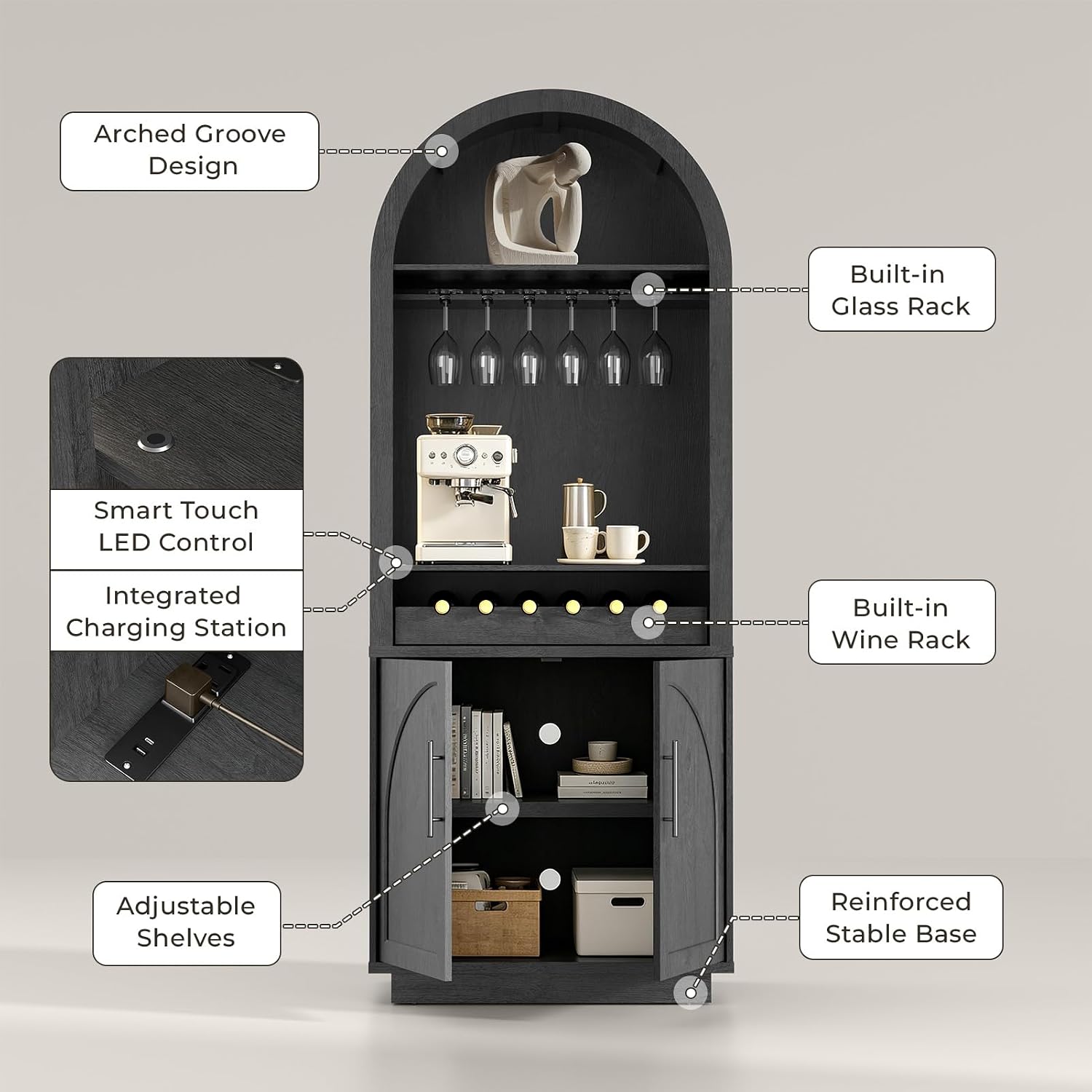 79" Arched Display Cabinet with LED Lighting & Built-In Outlets, 2-Piece Coffee Bar Station with Wine Drawer, Stemware Rack and Adjustable Shelves for Kitchen, Dining Area, Lounge, Black Grey