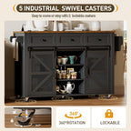 RALGEND Kitchen Island with Storage, 55" Kitchen Cart with Charging Station, Rolling Kitchen Island Table with Drop-Leaf, 3 Drawers, Barn Doors, Towel Rack and Spice Rack, Black and Rustic Brown