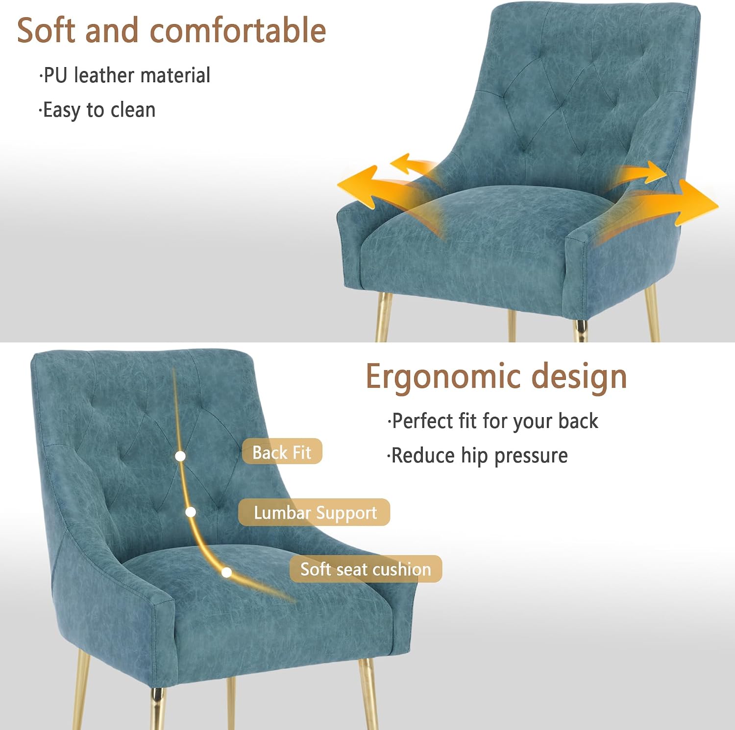 Dining Chairs Set of 6, Gold Leg Side Chair Faux Leather Vanity Mid-Century with Metal Legs Upholstered PU Leather Luxury Accent Chairs Living Room Restaurant