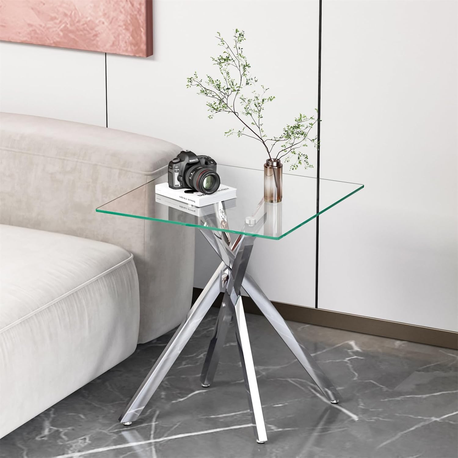 Modern Square End Table with Glass Top, Glass End Side Table for Living Room Office, 17.72 x 17.72 x 20.87 inches, Silver Metal X-Base, Adjustable Feet (1, Silver)