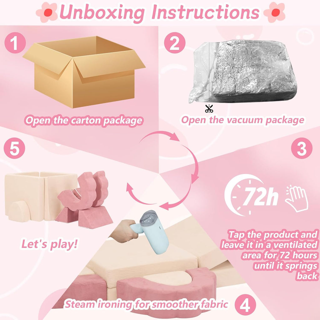 10-Piece Mini Kids Play Couch, Modular Flower Foam Sofa, Convertible Soft Play Sofa with Washable Cover, Indoor Climbing Furniture for Playroom, Pink & Beige